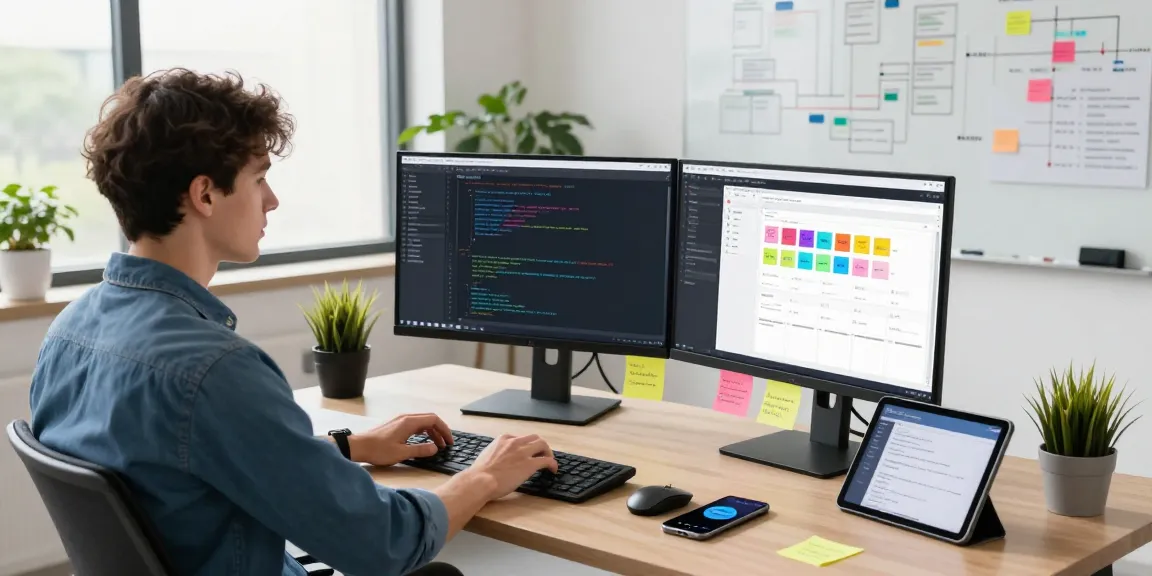 Download WPS Office in a modern software development workspace with multiple monitors, coding tools, and a collaborative atmosphere.