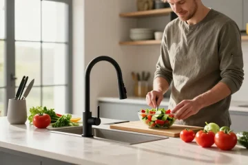 Een stijlvolle zwarte kraan in een moderne keuken met verse ingrediënten en natuurlijk licht.